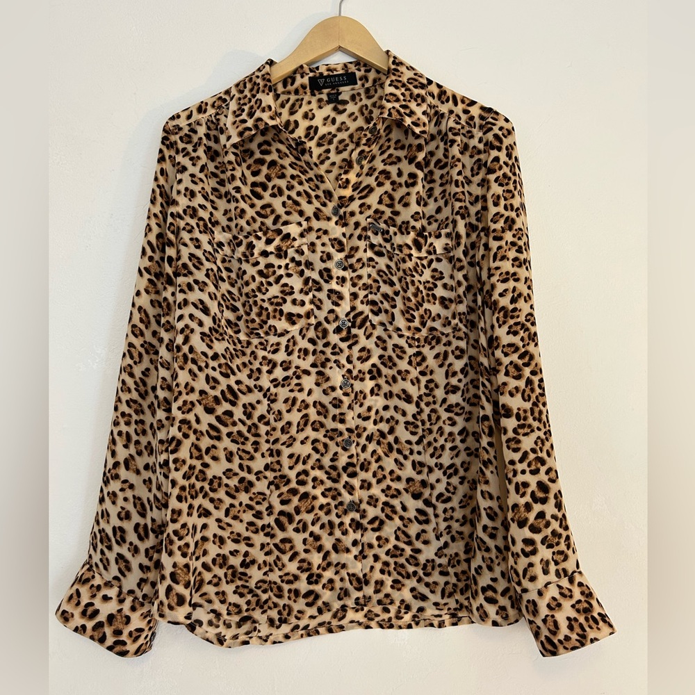 🐆 GUESS Animal Print Pocket-Front Blouse Button-Front Small